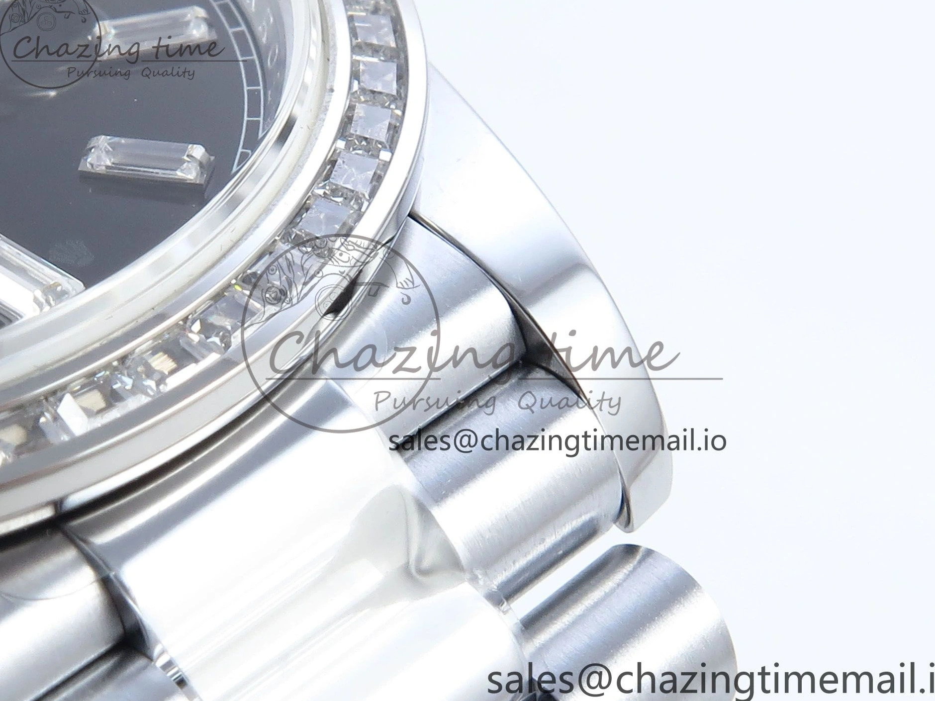 1221 Soft DayDate 40 SS QF 1:1 Best Edition Black Crystal Dial Diamonds Bezel on President Bracelet A2836 V5 (Gain Weight) 477